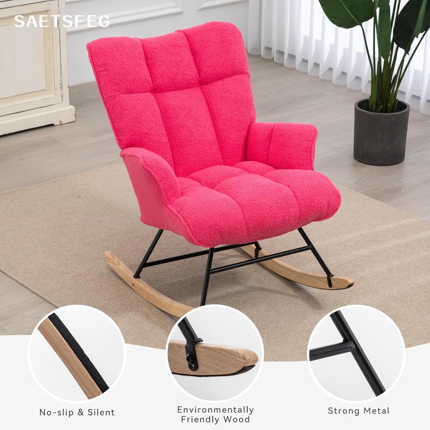 Rocking Chair Nursery Teddy Upholstered Glider Rocker Rocking Accent Chair Padded Seat with High Backrest Armchair Comfy Side Chair for Living Room Bedroom Offices (Hotpink Teddy)