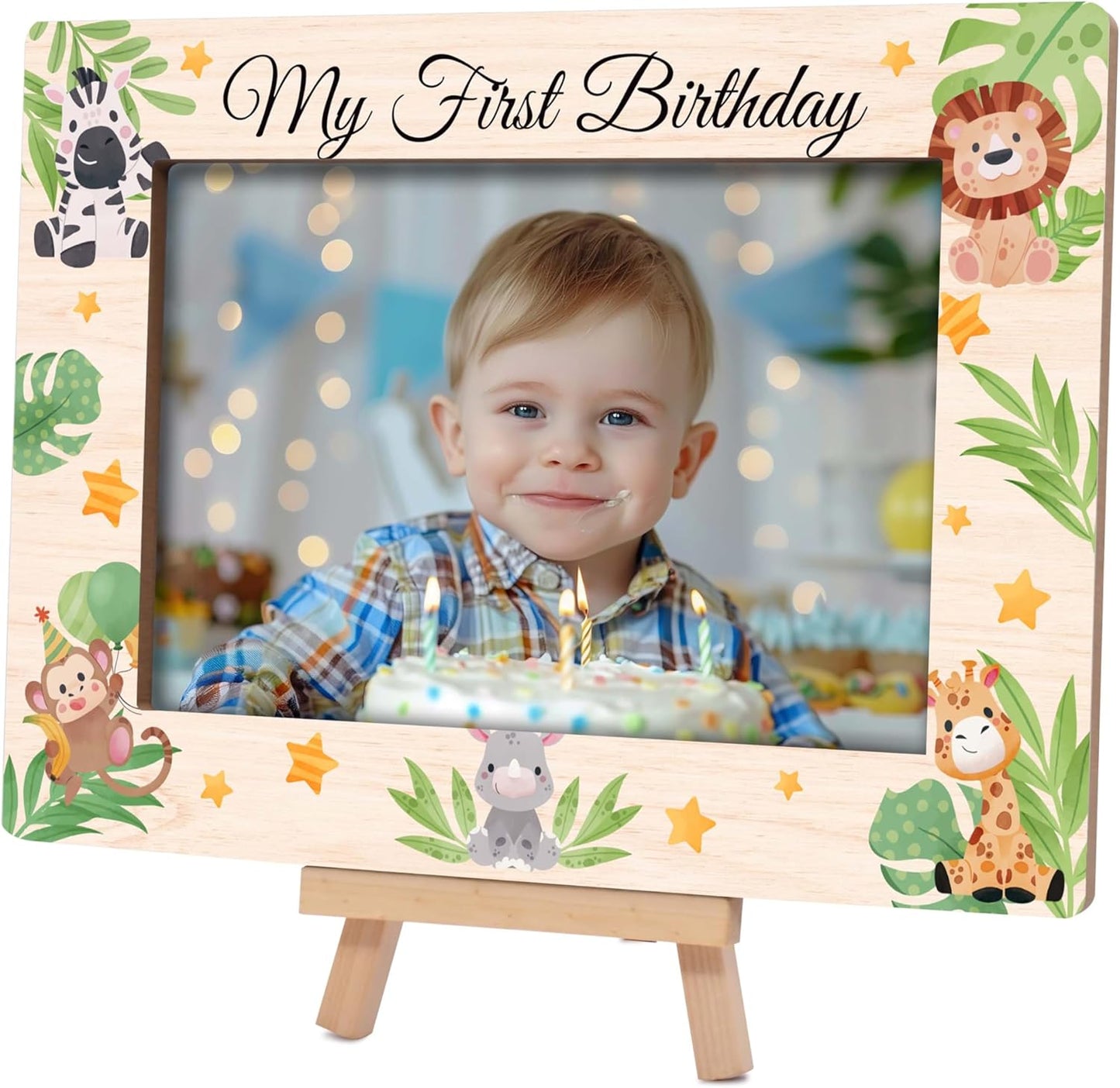 My 1st Birthday Picture Frames, Jungle Animal Wooden 4x6 Photo Frame with Easel, Baby First Year Birthday Gifts for Home Office Tabletop Display Decorations - G04