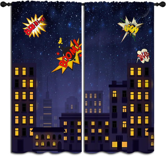 Super Hero Rod Pocket Blackout Curtains for Boy Girl Bedroom, Exploding City Starry Cartoon Skyline Thermal Insulated Home Window Drapes for Living Room Darkening, 55x63 inch