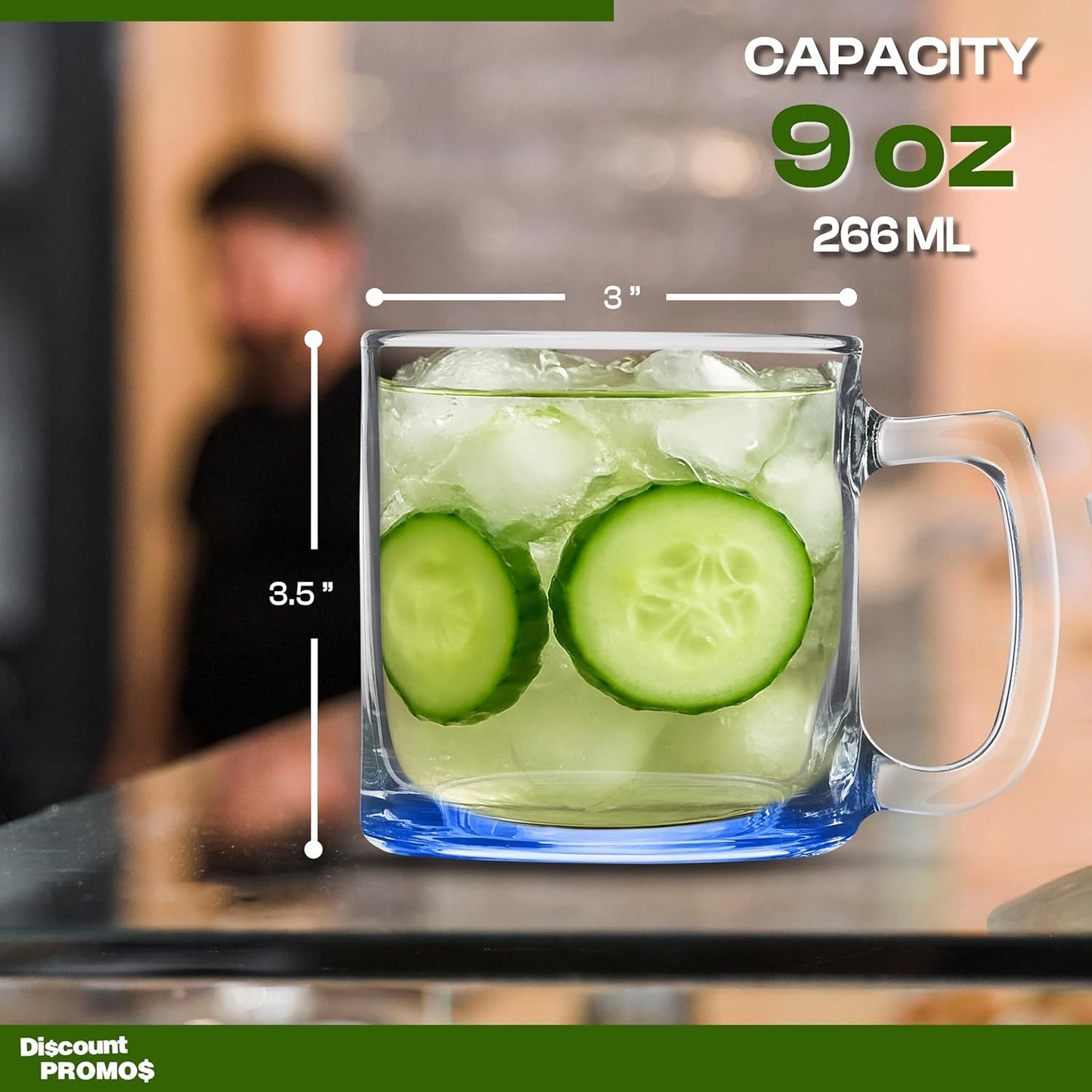 DISCOUNT PROMOS Small Glass Coffee Mugs 9 oz. Set of 10, Bulk Pack - Perfect for Coffee, Tea, Espresso, Hot Cocoa, Other Beverages - Blue