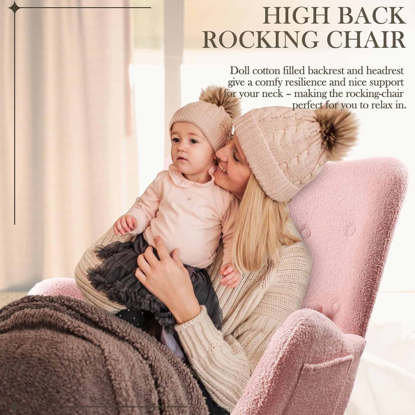 Waleaf Rocking Chair Nursery, Teddy Upholstered Rocking Chair Indoor with High Backrest Glider Accent Chair, Padded Seat Nursing Comfy Chairs for Bedroom (Pink)