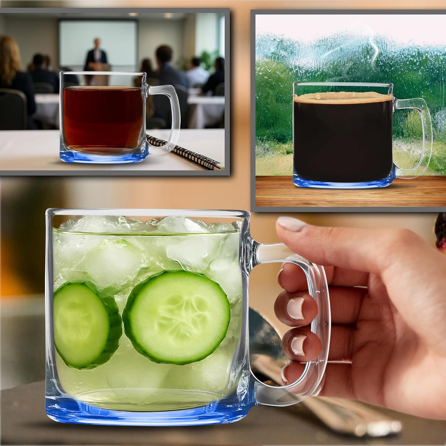 DISCOUNT PROMOS Small Glass Coffee Mugs 9 oz. Set of 10, Bulk Pack - Perfect for Coffee, Tea, Espresso, Hot Cocoa, Other Beverages - Blue