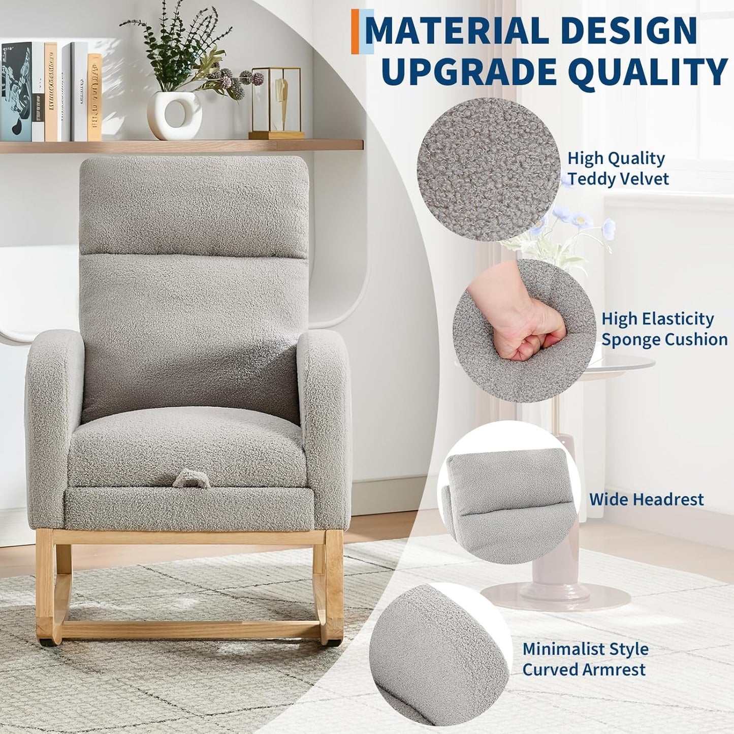 Rocking Chair Nursery, Nursing Rocking Chairs with Foot Rest for Mom Nursery, Rocker Glider Chair with High Backrest for Living Room, Bedroom, Upholstered Lounge Chair with Solid Wood Base for Relaxin