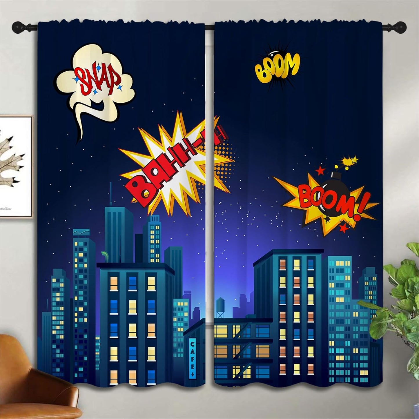 Superhero Rod Pocket Blackout Curtains for Boy Girl Bedroom, Cartoon Skyline Buildings Cityscape Home Energy Efficient Light Filtering Window Curtain for Living Room, 63x63 inch