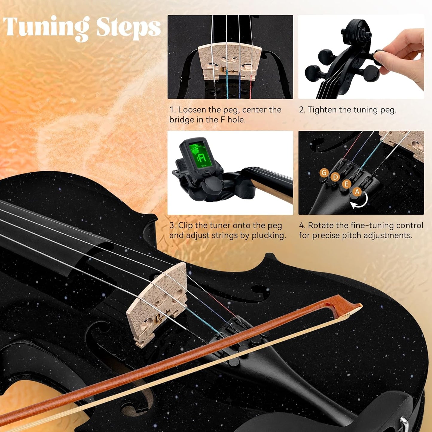 Poseidon 1/2 Violin for Kids Beginner Half Fiddle Kit, Violin Student Stringed Musical Instrument w/Case, Two Violin Strings Set, Two Bows, Two Bridges, Two Rosins, Tuner, Manual - Glossy Black