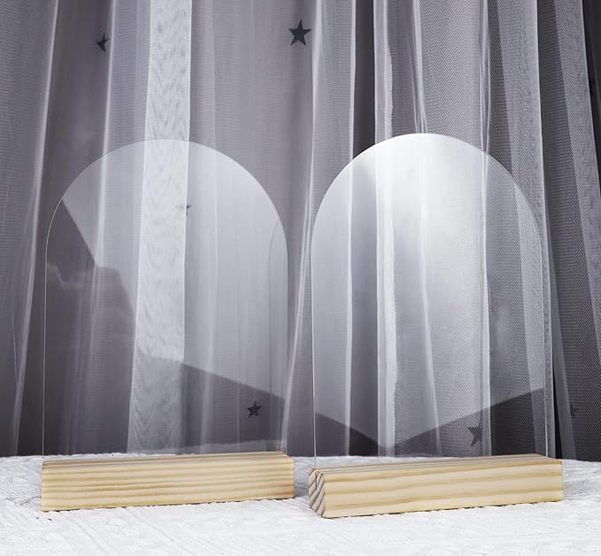 Clear Acrylic Sign with Wooden Stand Table Numbers DIY, 10 Pack Acrylic Sheets Table Signs for Wedding, 5x7 Inch Arch Signs Blank for Restaurant Party Bridal Shower (No printing included)