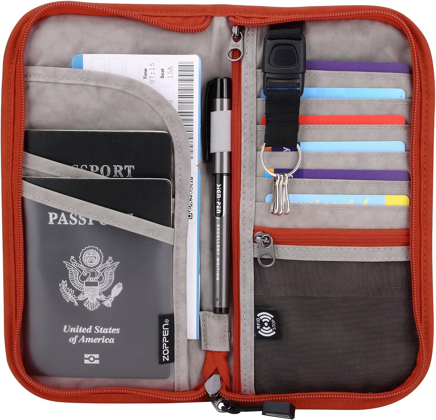 ZOPPEN Passport Holder Family RFID Passport Wallet, Passport Holder Women/Men, Travel Wallet Documents Organizer Zipper Case with Removable Wristlet Strap, Travel Essentials for Flying