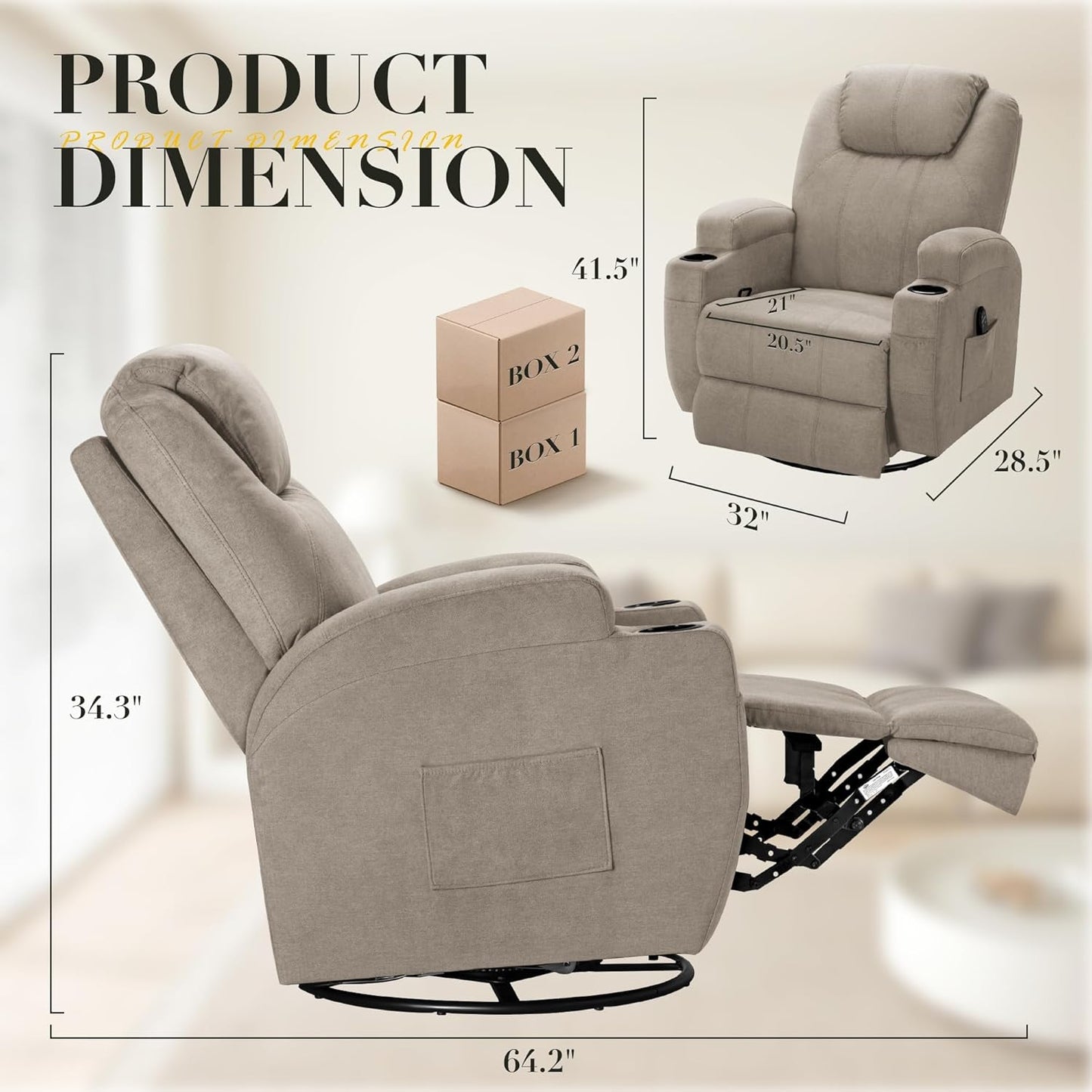 Recliner Chair, 360° Swivel Rocker Chair for Adults, Rocking Recliner Chair with Massage, Comfy Single Sofa with Side Pockets Cup Holders for Living Room, Bedroom, Nursery (Fabric, Khaki)
