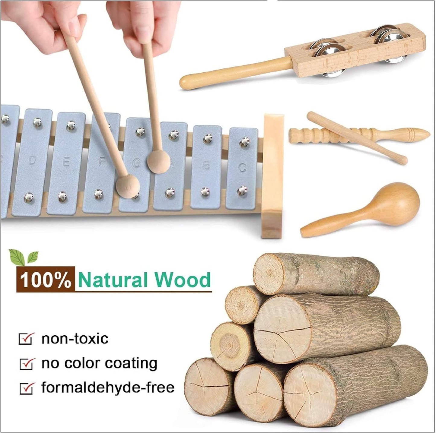 LOOIKOOS Toddler Musical Instruments, Eco Friendly Music Set for Kids Preschool Educational, Natural Wooden Percussion Instruments Musical Toys for Boys and Girls with Storage Bag