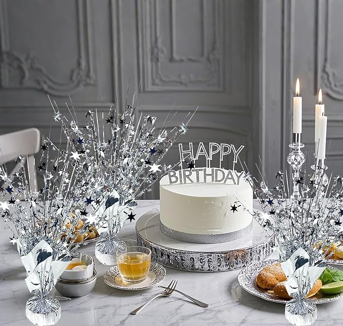12 Pack Metallic Foil Spray Centerpiece Star Table Decoration Burst Table Centerpieces for Birthday Wedding Anniversary Graduation Holiday Party Supplies Decor, Silver