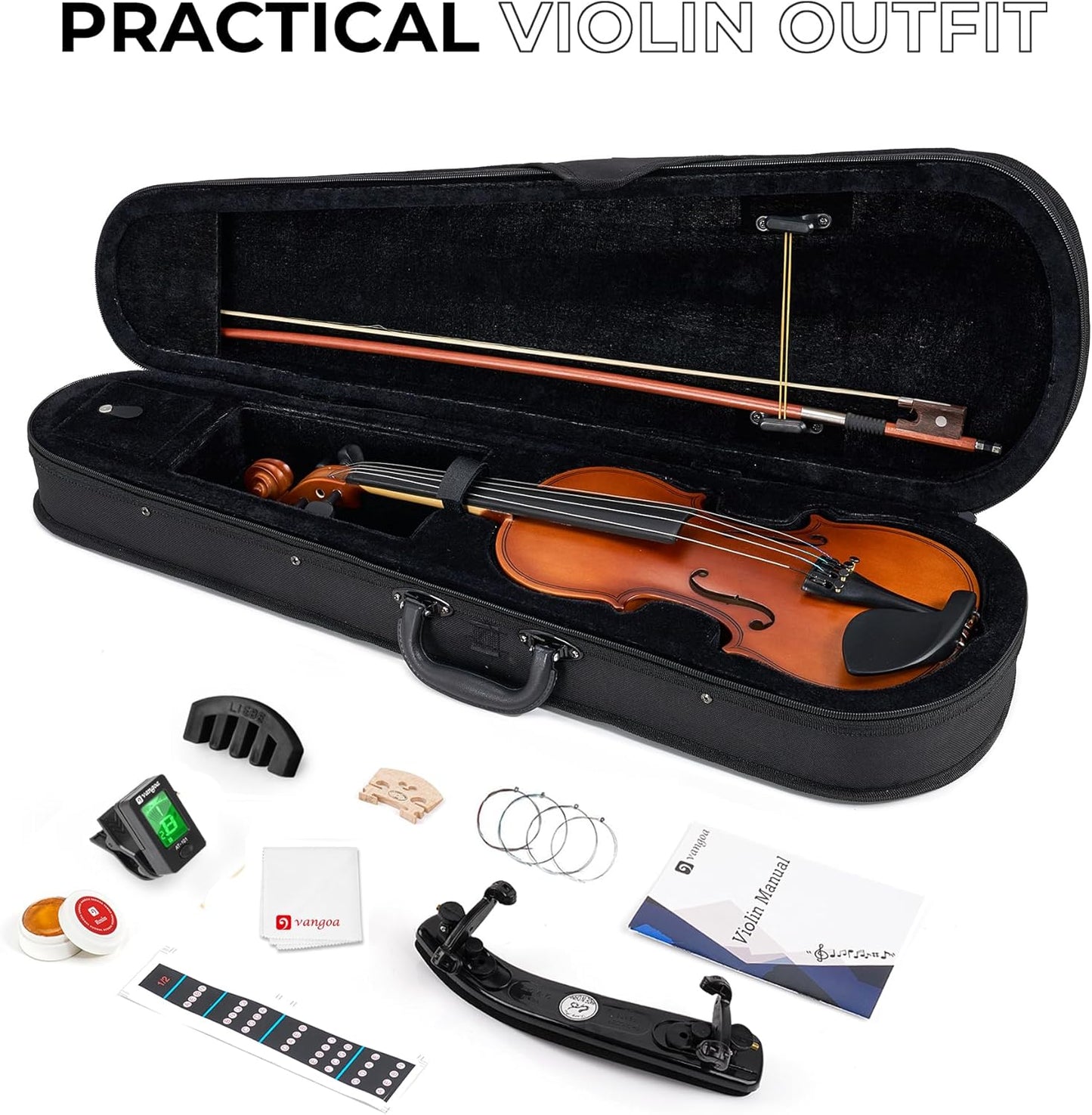 Vangoa 3/4 Violin Beginner Acoustic Violin Fiddle Three Quarters Starter Set for Students with Violin Case, Rosin, Shoulder Rest, Tuner, Strings, Violin Bow, Fingerboard Sticker, Mute, Natural