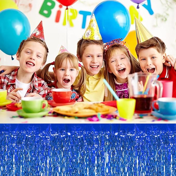 4P Wavy Metallic Tinsel Foil Fringe Table Skirts for Rectangle Tables Backdrop Garland Curtains for Parade Floats Wedding Birthday Parties Decoration Graduation 2025 Christmas (Blue)