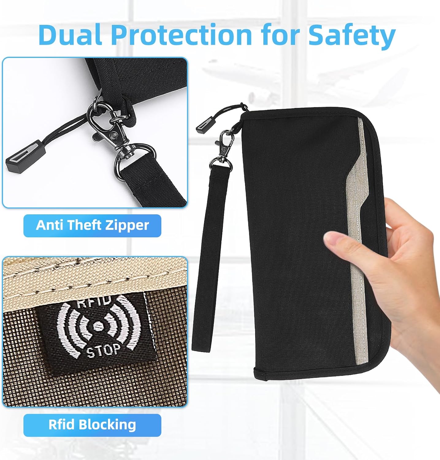 ZOPPEN Passport Holder Family RFID Passport Wallet, Passport Holder Women/Men, Travel Wallet Documents Organizer Zipper Case with Removable Wristlet Strap, Travel Essentials for Flying