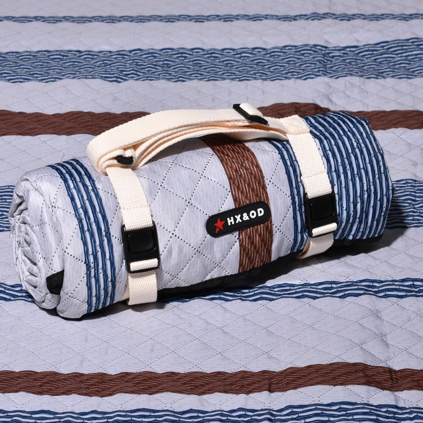 Waterproof Picnic Mat, Outdoor Camping Oversized Field Blanket. Portable Thickened Camping Blanket, Suitable for Beach, Camping, Music Festival, Party, Outdoor Adventure. (Brown&Blue&White, 80”x60”)