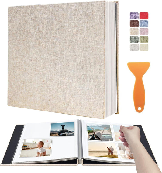 Large Photo Album Self Adhesive Scrapbook Album for 4×6 5×7 8×10 Pictures DIY Magnetic Linen Cover Album 40 Pages for Family Wedding Gifts with Metal Pen and Plastic Board, Light Beige