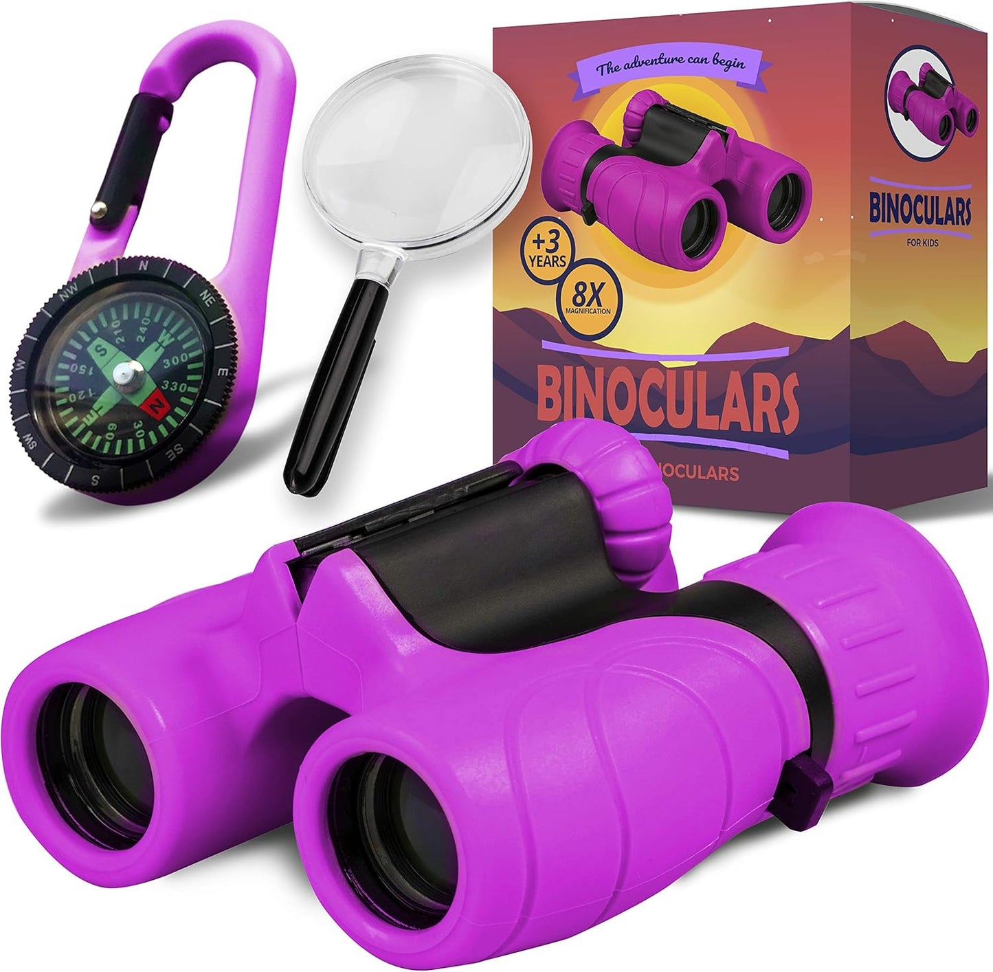 Promora Binoculars for Kids, Set with Magnifying Glass & Compass Purple - Perfect Toy for Little Boys and Girls, Kids Binoculars for 3-12 Years Boys and Girls Present for Toddler