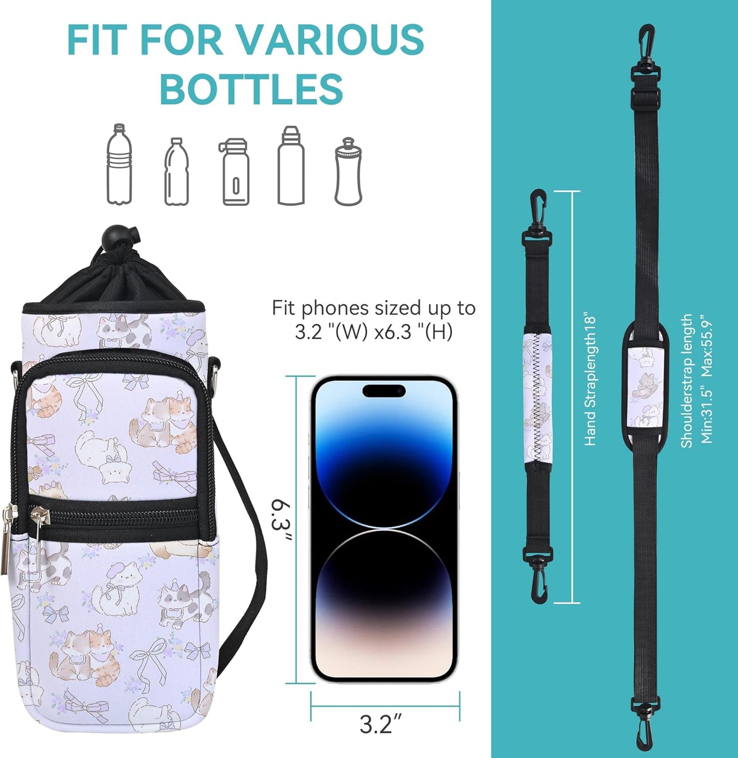 AUPET Water Bottle Sling Bag Sleeve Holder Carrier 25/32/40/64 oz,Insulated Crossbody Water Bottle Case Cover with Strap and Pockets for Men/Women Walking Hiking