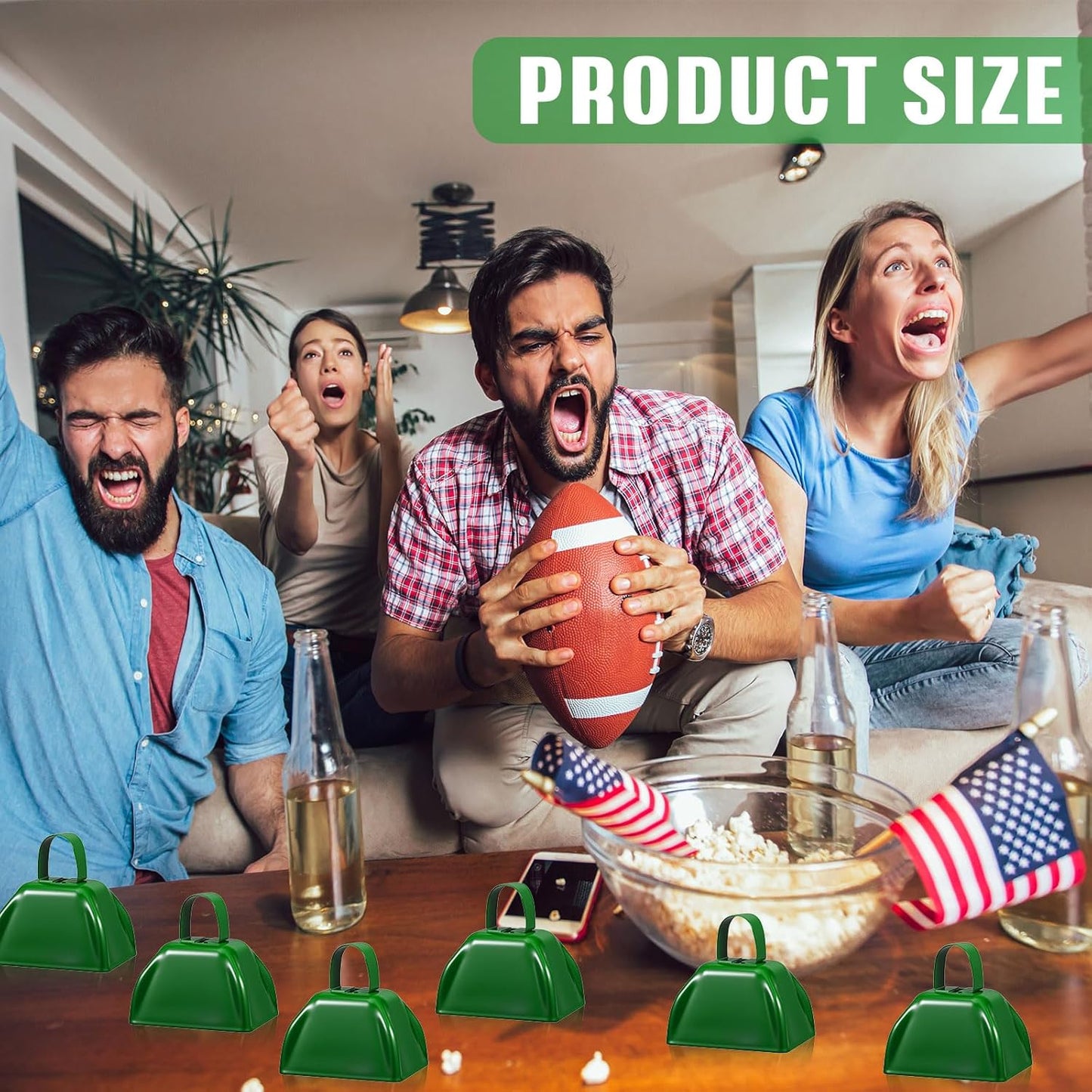 6 Pcs 3 Inch Metal Cowbells Noise Maker Hand Percussion Cow Bells with Handles for Sporting Events Cheering Noisemakers Weddings Team Spirit Sports Party Favors (Green)