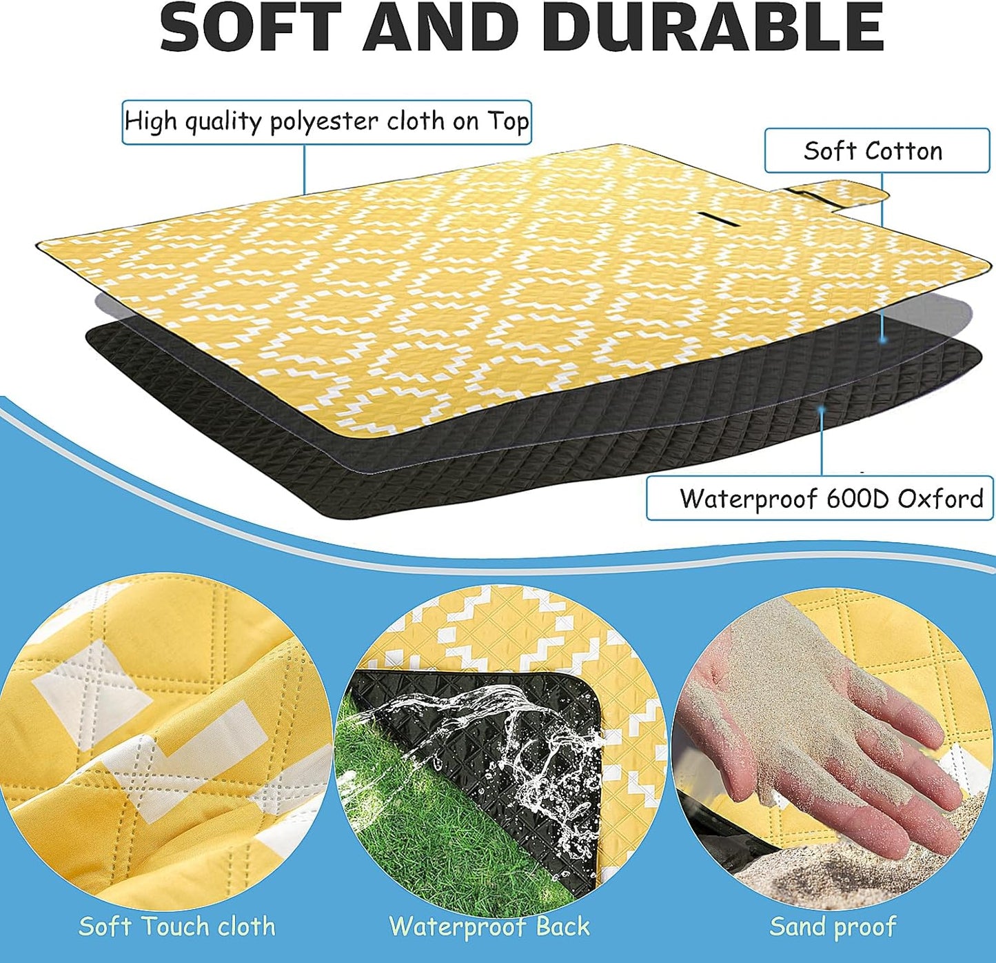 Waterproof Sandproof Travel Blanket, Large Yellow Picnic Mat for 2-4 Adults, Lightweight Beach Blankets with Carry Strap, Foldable Outdoor Blankets for Camping, Grass, Park