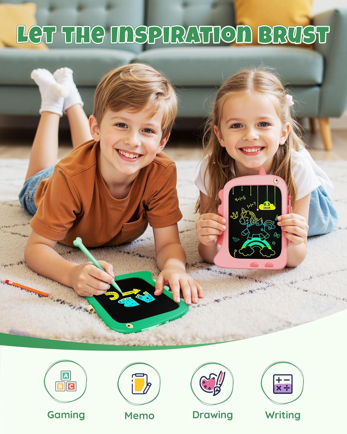 Kikapabi LCD Writing Tablet, Dinosaur Toys Gifts for Boys Age 3 4 5 6 7 Year Old, 8.5inch Colorful Doodle Board Pad for Kids, Birthday Toddler Toy Age 3-7 Portable Travel Drawing Green