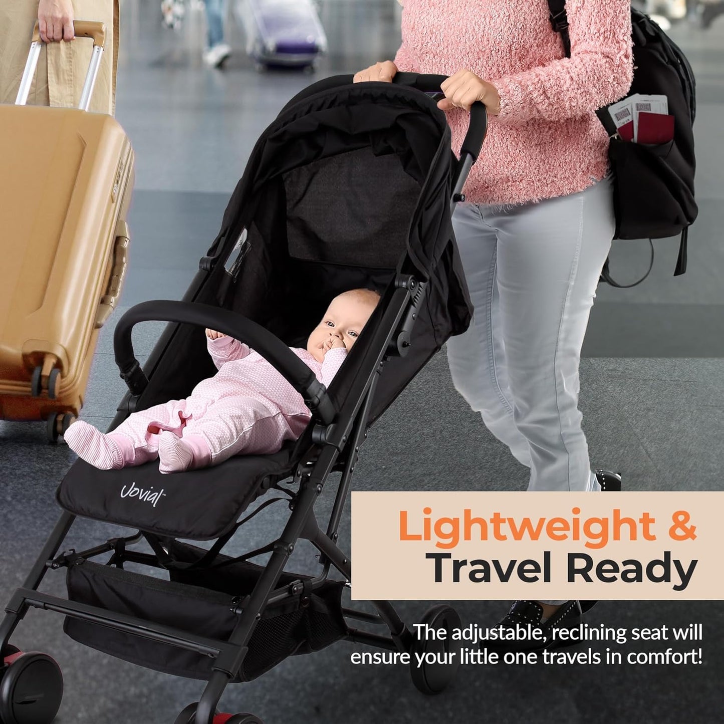 Jovial Lightweight Baby Stroller, Folding Travel Stroller with Reclining Seat, Canopy, 5-Point Safety Harness, Storage Basket, Smooth Wheels, Compact Portable Design (39.8" x 18.7" x 32.3")