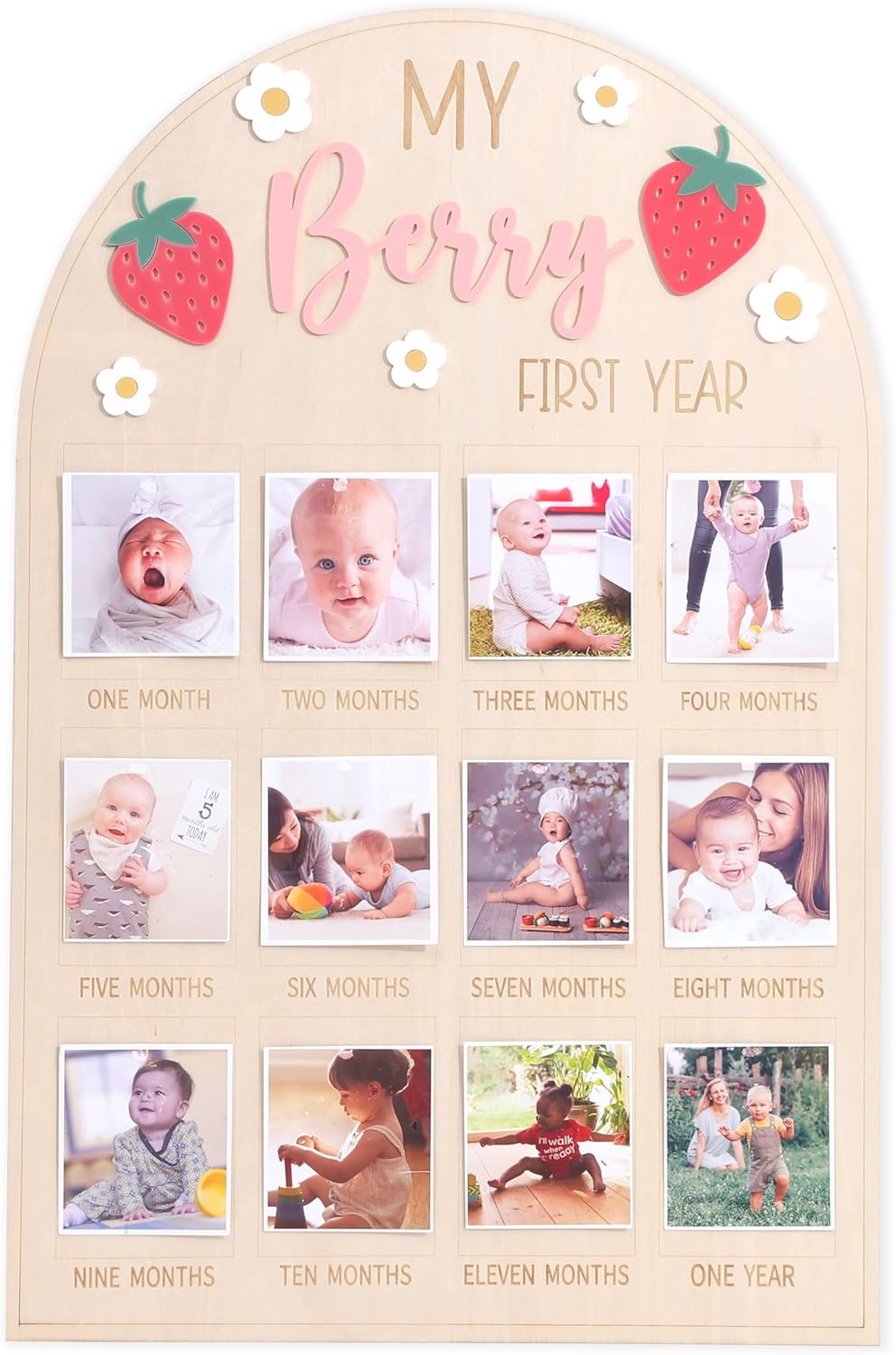 WAOUH Berry First Year Photo Wood Board - Strawberry 1st Birthday Decorations,Strawberry 1 to 12 Months Photo Board,Berry Daisy One Year Photos Display,Newborn Sweet Monthly Milestone Photos Sign
