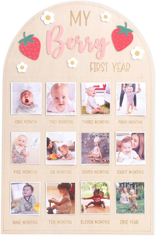 WAOUH Berry First Year Photo Wood Board - Strawberry 1st Birthday Decorations,Strawberry 1 to 12 Months Photo Board,Berry Daisy One Year Photos Display,Newborn Sweet Monthly Milestone Photos Sign