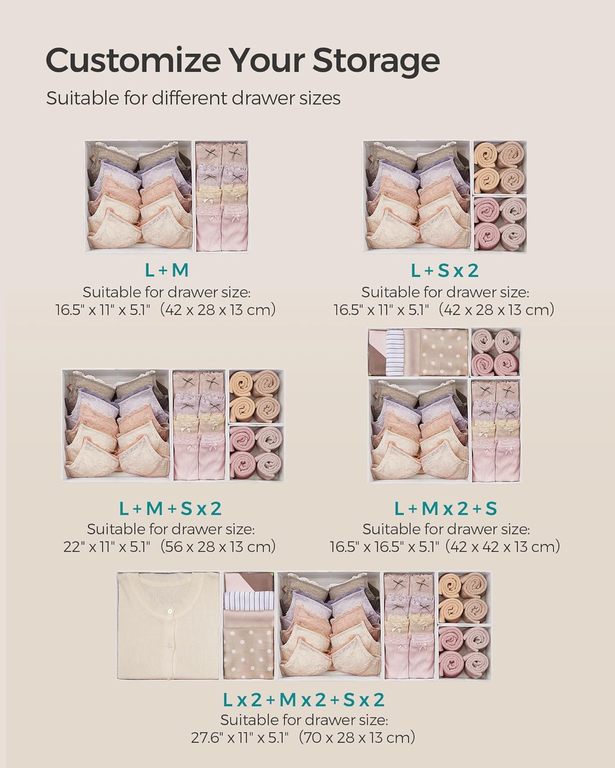 SONGMICS Drawer Organizers, Dresser Divider Organizers, Set of 18, Foldable Fabric Storage Boxes for Socks, Underwear, Bras, Ties, Scarves, Cloud White URDZ006W03