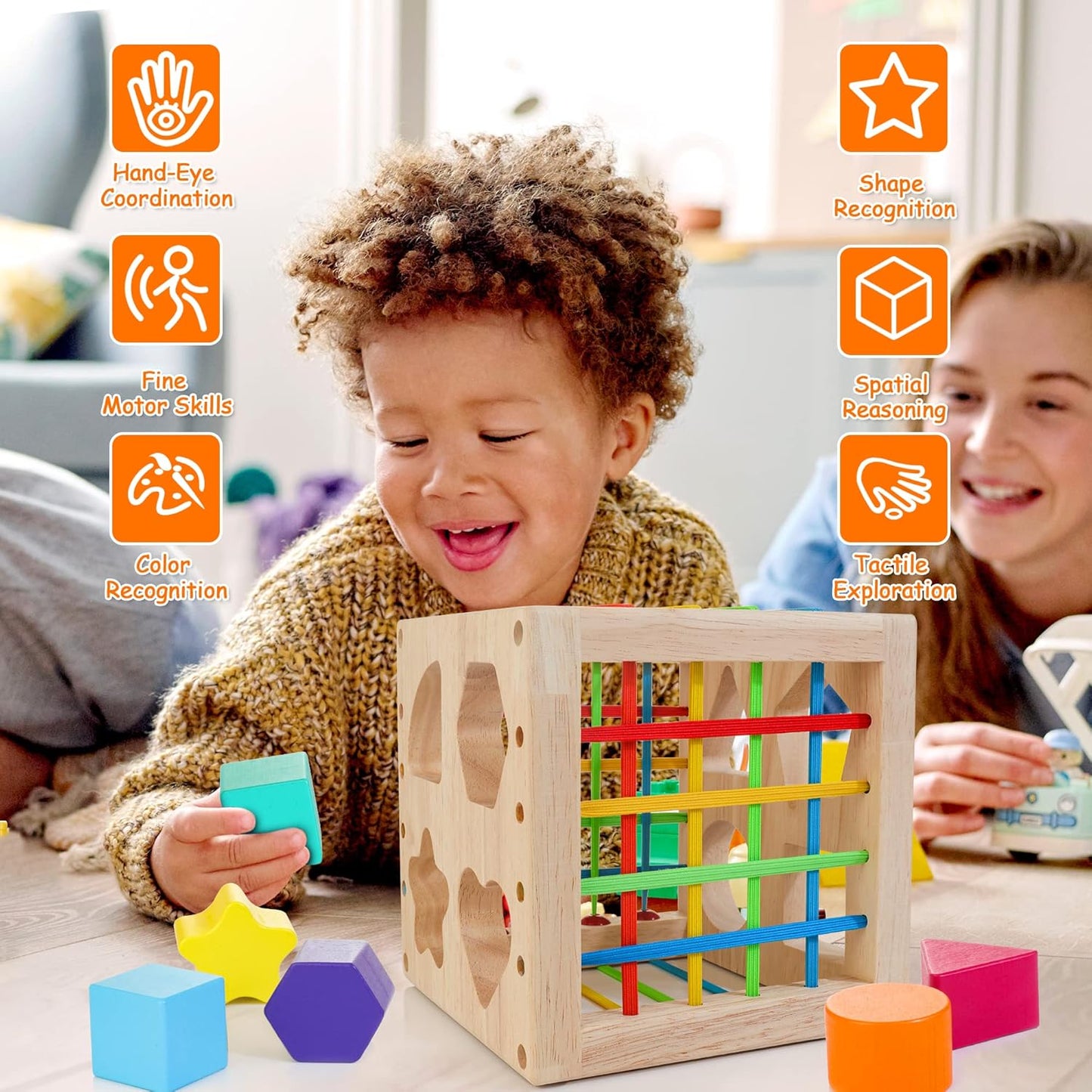 Montessori Toys for 1+ Year Old, Wooden Sorter Cube with 8pcs Rattling Shapes, Developmental Learning Toy Gifts for Baby Toddler Boys Girls, Gift Packaging