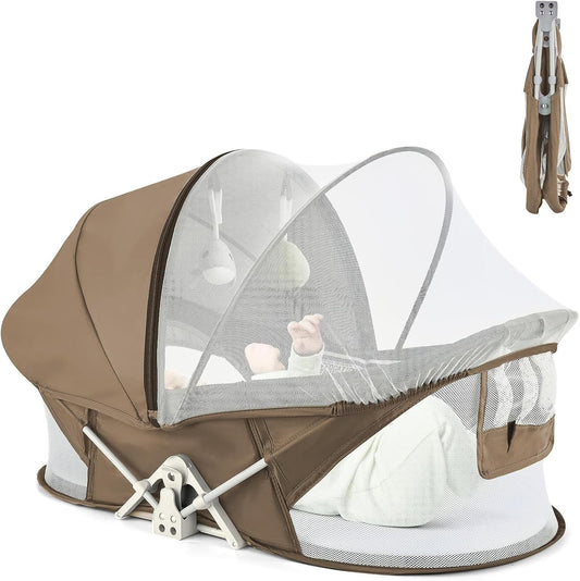Portable Baby Bassinet Travel Baby Bed, Baby Cribs Travel Pod for Outdoors Baby Lounger Infant Travel Bed with Mosquito Net and Sunshade Canopy, Lightweight Washable
