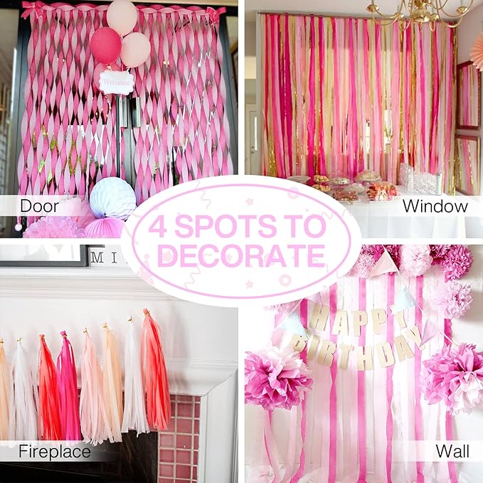 PartyWoo Crepe Paper Streamers 4 Rolls 328ft, Pack of Light Pink Crepe Paper for Party, Wedding, Birthday & Baby Shower Decorations (1.8 Inch x 82 Ft/Roll)