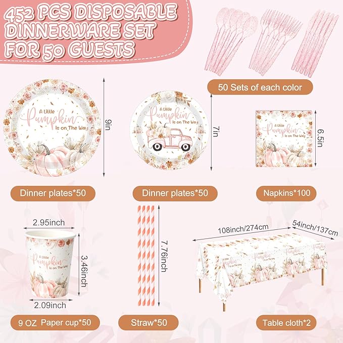 452 Pcs Little Pumpkin Baby Shower Decorations for 50, Pink A Little Pumpkin Is on the Way Paper Plates Napkins Cups Tablecloth Cutlery Straws for Autumn Fall Thanksgiving Party Supplies