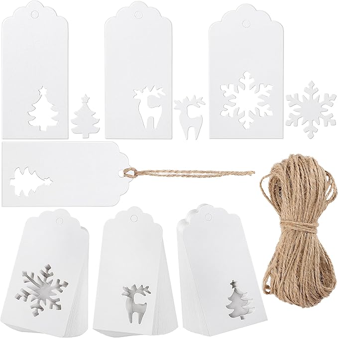 Aneco 150 Pieces Christmas Paper Gift Tags White Kraft Tags Hang Labels Christmas Tree Snowflake Reindeer Design with 30 Meters Jute Twine for Christmas DIY Wrapping Favor Holiday Present