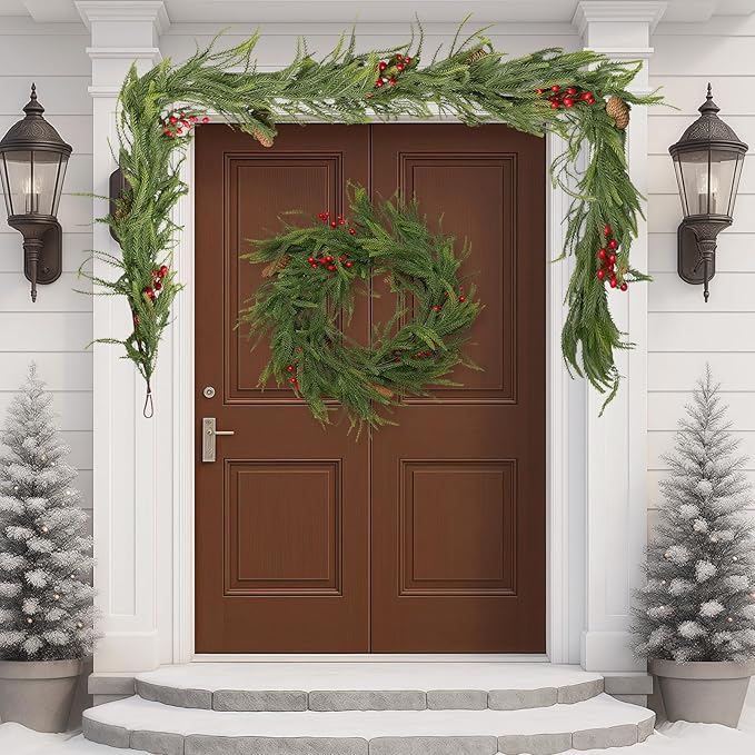 9FT Norfolk Pine Garland Christmas Artificial Greenery with Red Berries Cones, Pine Tree Decor for Mantel Fireplace Stair Rail Doorway Table, Indoor Outdoor Winter Christmas Decorations