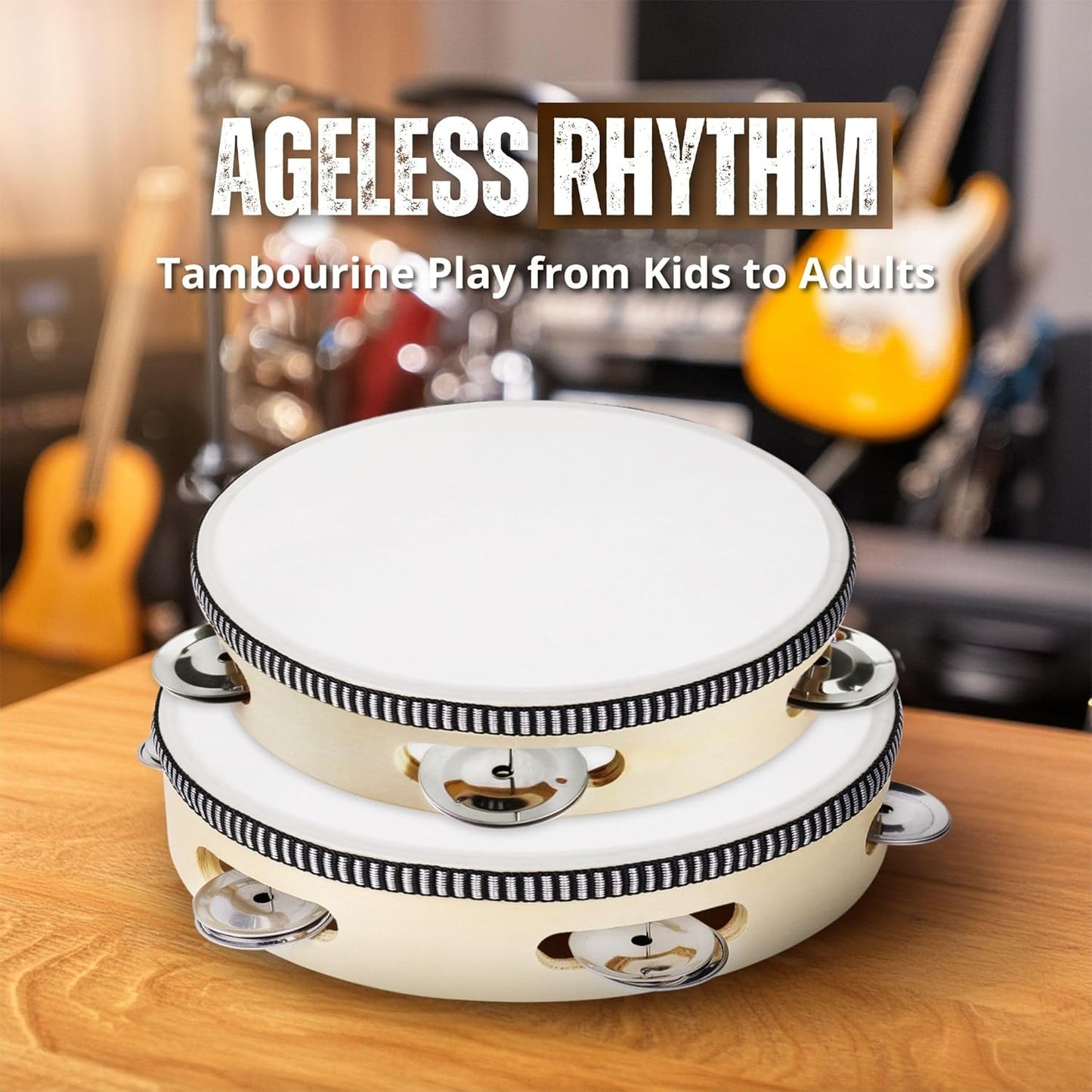 Flexzion Wood Handheld Tambourines - 8 and 6 Inch Set of 2 Pack, with Single Row Metal Jingle Bell (Wood) Hand Held Tambourine Percussion Drum Moon Musical Instrument