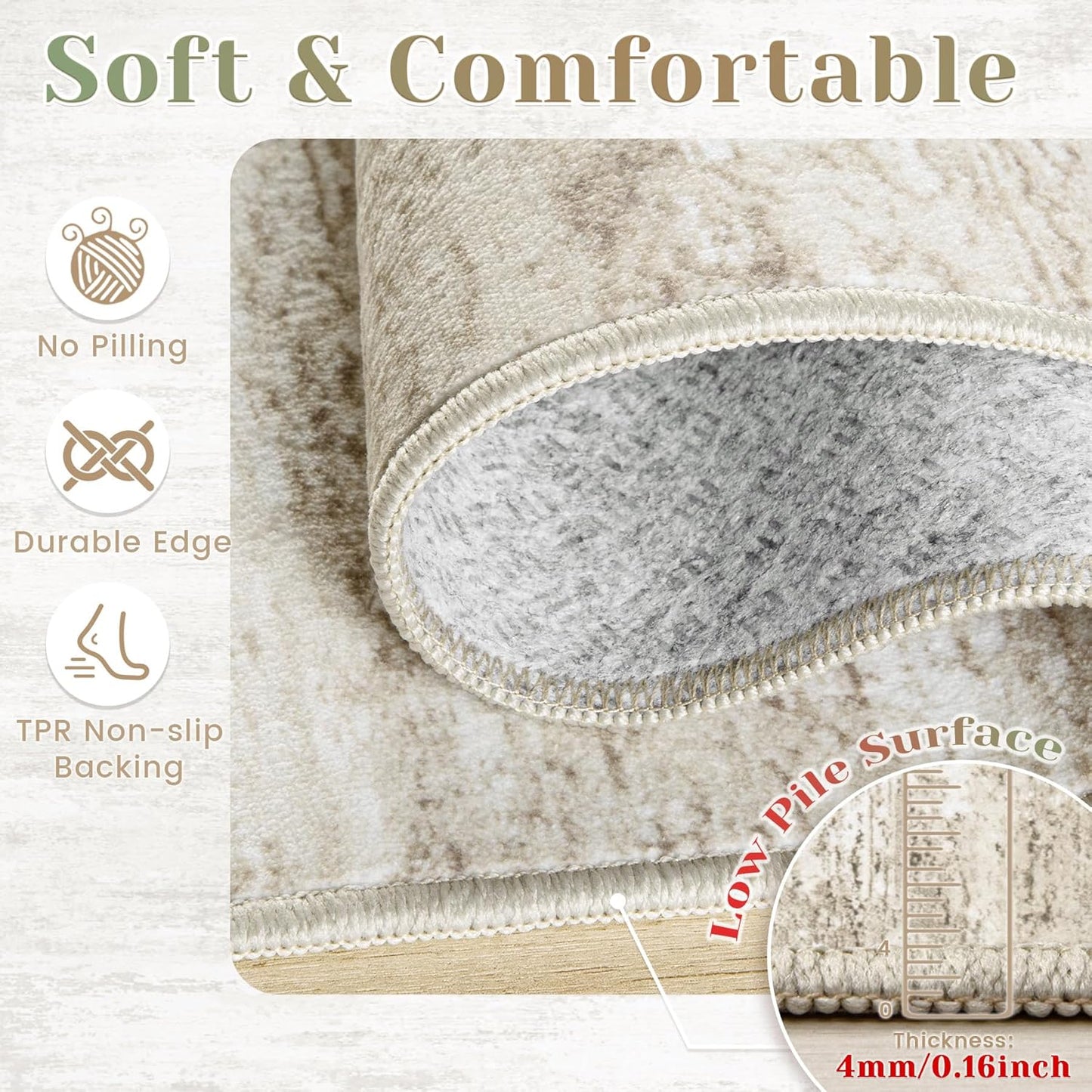 Washable Rug 8x10 Area Rugs for Living Room: Large Neutral Soft Rug Abstract Non Slip Low Pile Modern Carpet for Bedroom Kitchen Nursery Office Dining Room Indoor (Beige, 8'x10')