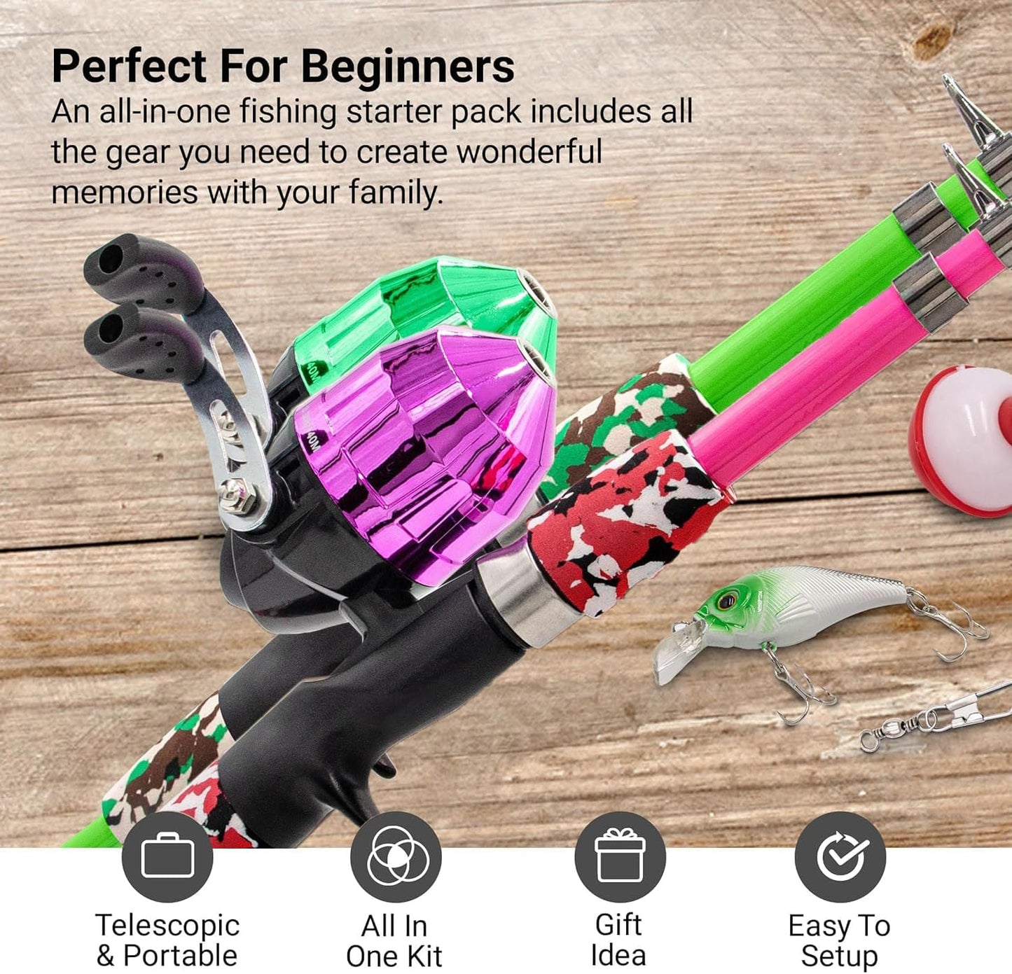 Kids Fishing Pole, Kids Portable Telescopic Fishing Rod Set, Tackle Box and Fishing Net Combo Kit, Kids Fishing Gear for Boys and Girls Age 5-10 and Youth