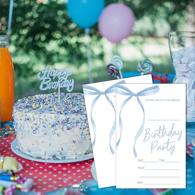 SIXEIGHT Blue Bow Birthday Invitations Blue Ribbon Bow Birthday Party Invitations 20 Party Invitations with Envelopes for Girls Boys Birthday Party Favor & Decoration (4"x6")-A07