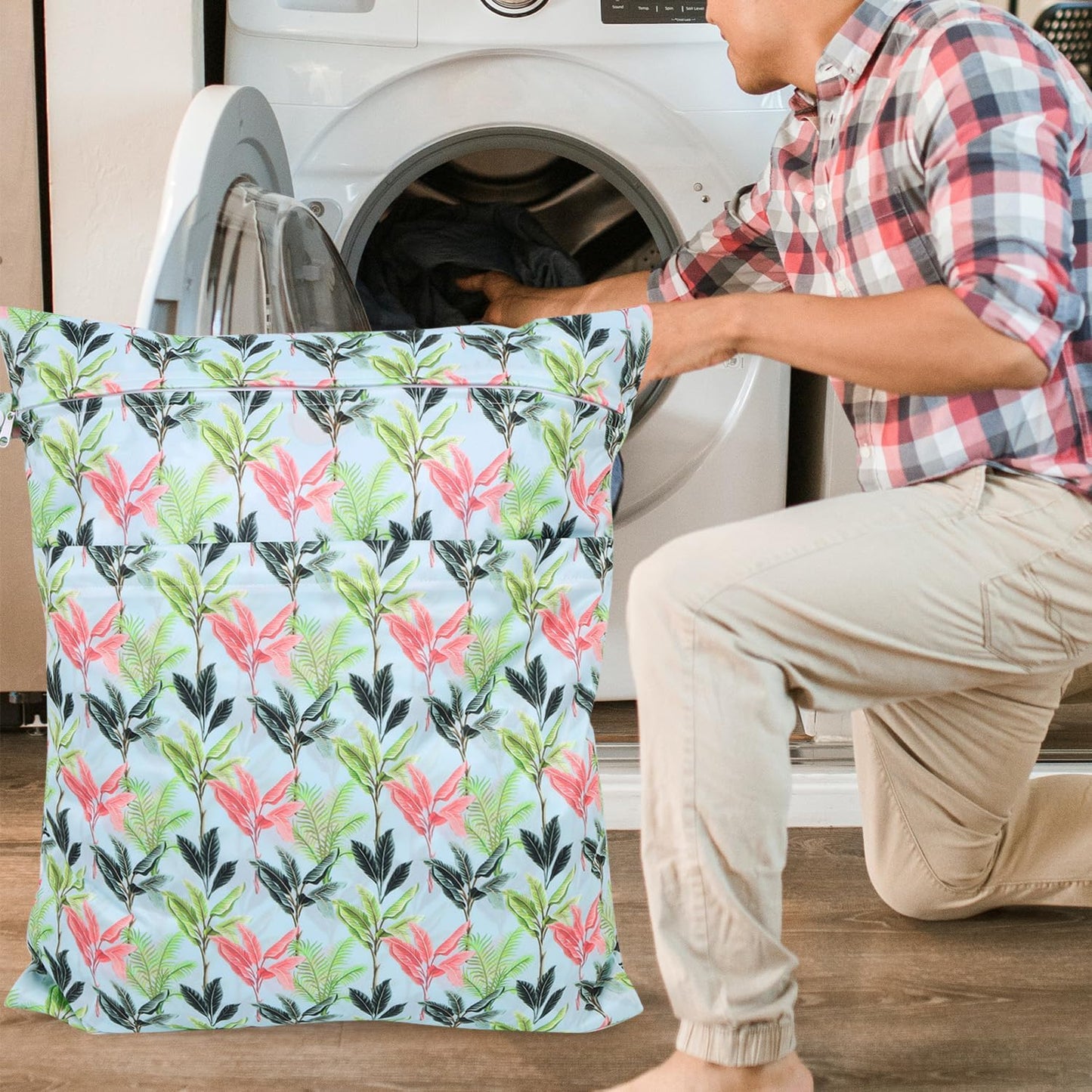 2pcs Travel Waterproof Laundry Bag, Cloth Diaper Wet Dry Bags with Handle & 2 Zipper Pockets, Reusable Washable Dirty Clothes Bag for Baby Adult Travelling Hanging, Bathing Beach Pool Daycare