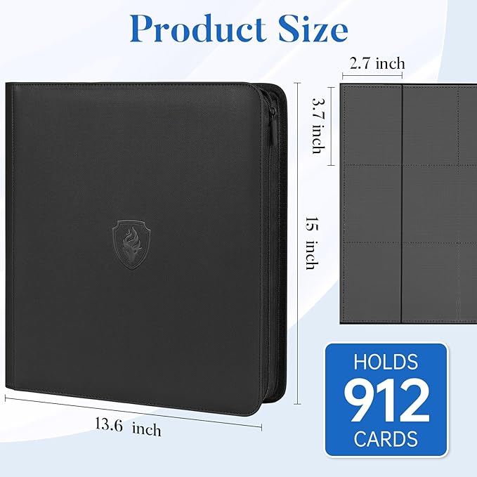 Premium Zip Card Binder 12 Pocket, Fabmaker 912 Pockets Trading Card Binder, PU Zipper Card Collection Album, Sturdy Side-Loading Card Book Holder for MTG, TCG, Game Cards, Sports Cards, Black