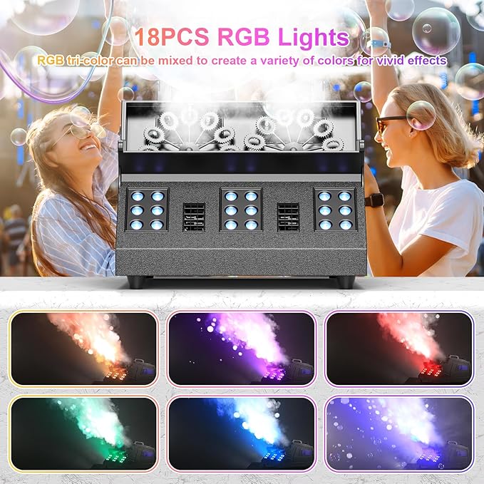 2000W Fog Machine, 3 in 1 Fog Bubble Machine with 2 Bubble Fans, 18 RGB LED Lights Smoke Bubble ALL IN ONE Fog Machine, Bubble Machine for Halloween Christmas Party Wedding, 3 Pack