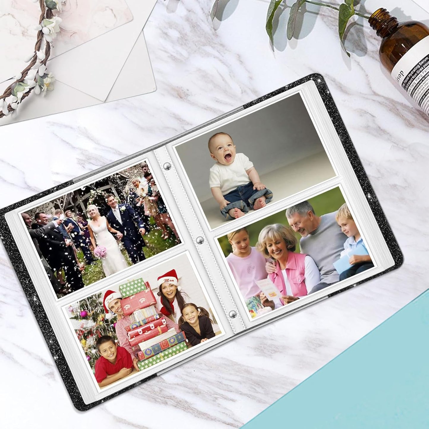 Fintie Photo Album for 4x6 Photos - 112 Pockets Vegan Leather Cover Memory Albums Book for Birthday Family Anniversary Vacation Pictures, Glittering Black