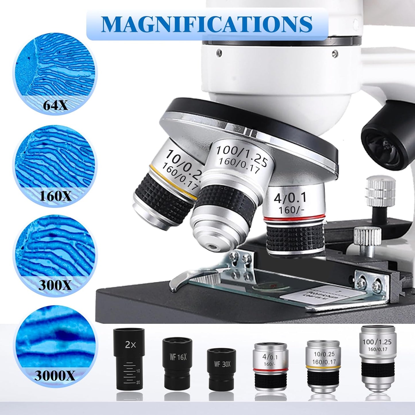 Binocular Microscope for Adults Kids Students, 64X-6000X Microscopes, 3 Objective Lens, Metal-Body Dual LED Illumination, Biological Compound Microscope Kit for School Lab, Homeschool