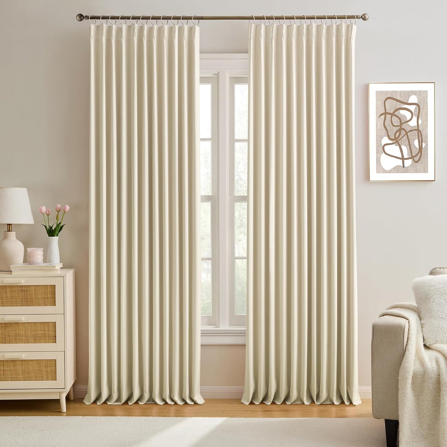 KEQIAOSUOCAI Cream Beige Blackout Curtains 100 Inches Long, Vertical Draft Privacy Window Drapes for Living Room/Dining Room/Bedroom, 72 Inch Wide x 100 Inch Long, Pinch Pleat with Hooks, 2 Panels