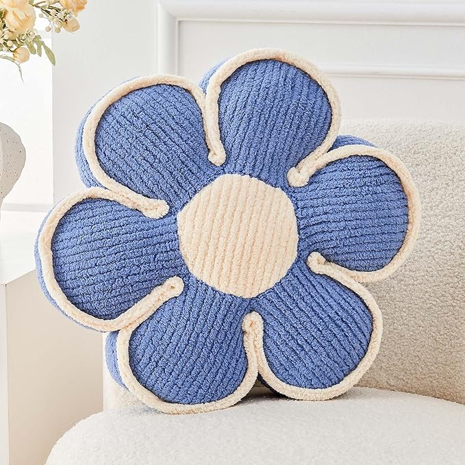 Flower Pillow, Soft Flower Decorative Throw Pillow, Cute Daisy Flower Shaped Seating Floor Cushion Room Décor Plush Pillows for Sofa Couch Bed (17.7 Inch, Blue)