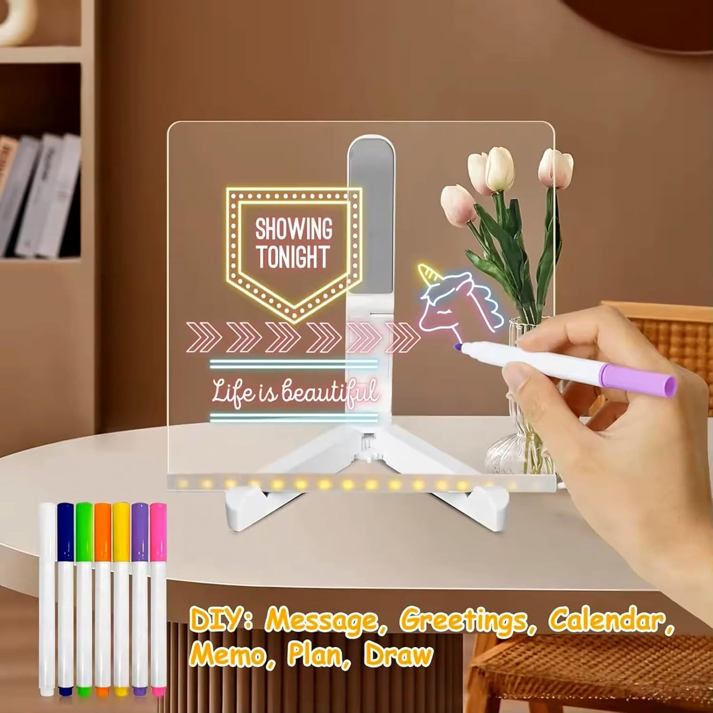 Small Acrylic Dry Erase Board with Light Light up Drawing Board with Stand as a Glow Memo LED Letter Message Board Note Glass Led Board White Board with 7 Pen for Office School Home (Small)