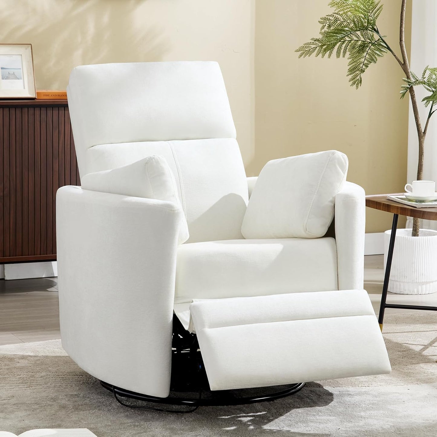 Swivel Rocker Recliner Chair, Manual Nursery Rocking Chair Upholstered Adult Rocking Chair with 2 Pillows for Living Room Bedroom (White, Manual Operation)