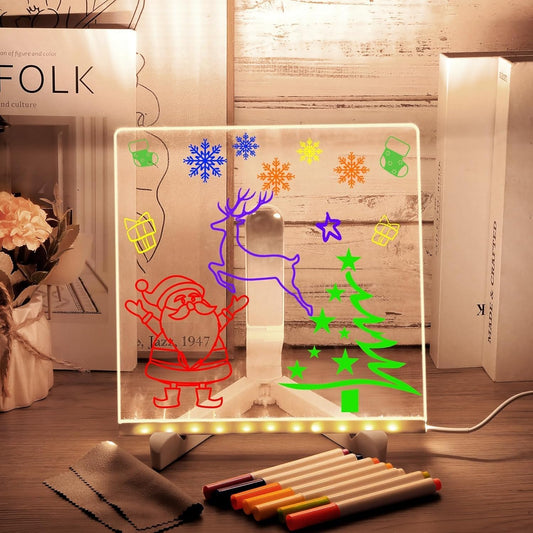 LED Note Board with 12 Colors Markers, 8x8 Inch Light up Acrylic Dry Erase Board Glow Drawing Writing Board with Stand Led Message Memo Board for Office School Home Bedroom Kitchen