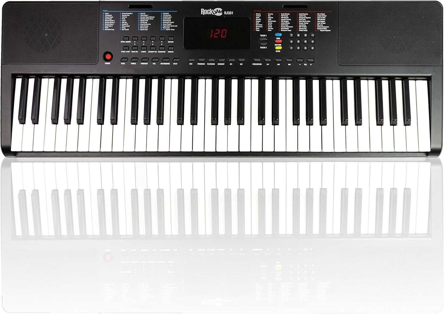 RockJam Compact 61 Key Keyboard with Sheet Music Stand, Power Supply, Piano Note Stickers & Simply Piano Lessons