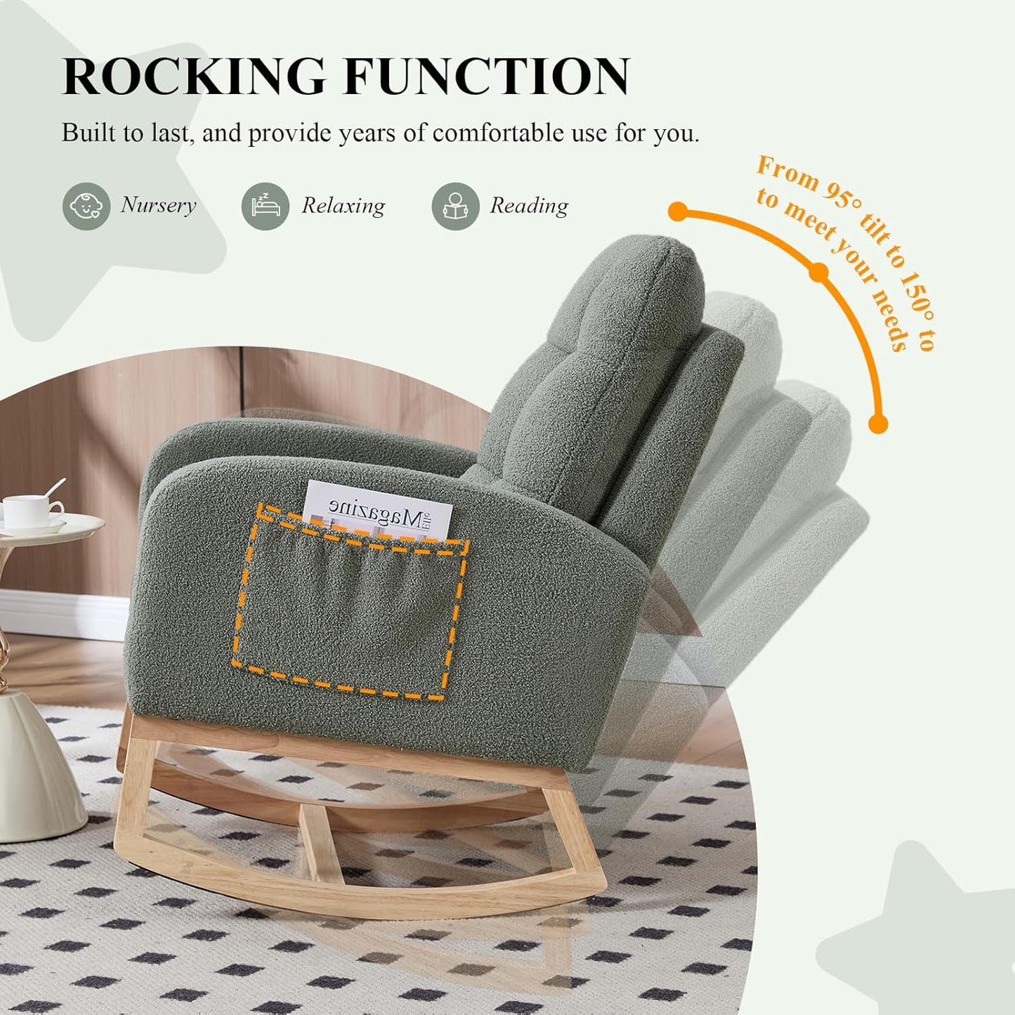 NIOIIKIT Nursery Rocking Chair, Teddy Upholstered Glider Chair with Side Pocket, Glider Rocker Chair with Tufted Back, Comfy Accent Nursing Chair for Living Room (Olive Green Retro)